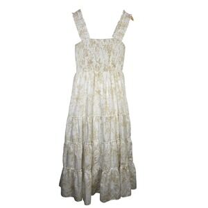 AND NOW THIS Floral Maxi Dress 1X White Beige Sleeveless Smocked‎ Tiered